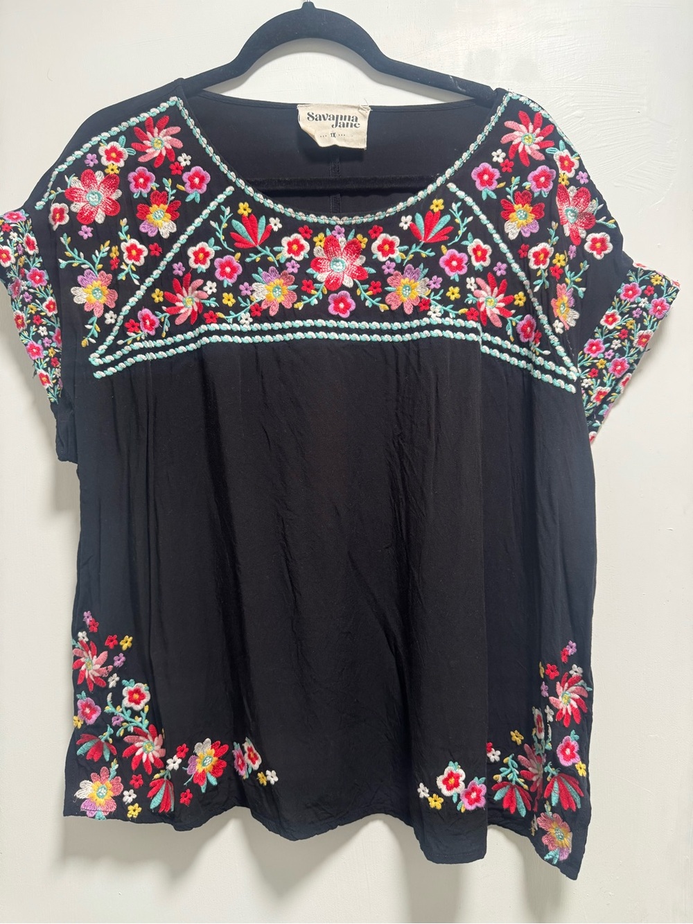 Savanna Jane Black Tunic with Multicolor Floral Embroidery